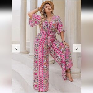 Rusttydustty 1X Deep Rose Printed Jumpsuit Wide Leg Tied Bodice Ca-1888